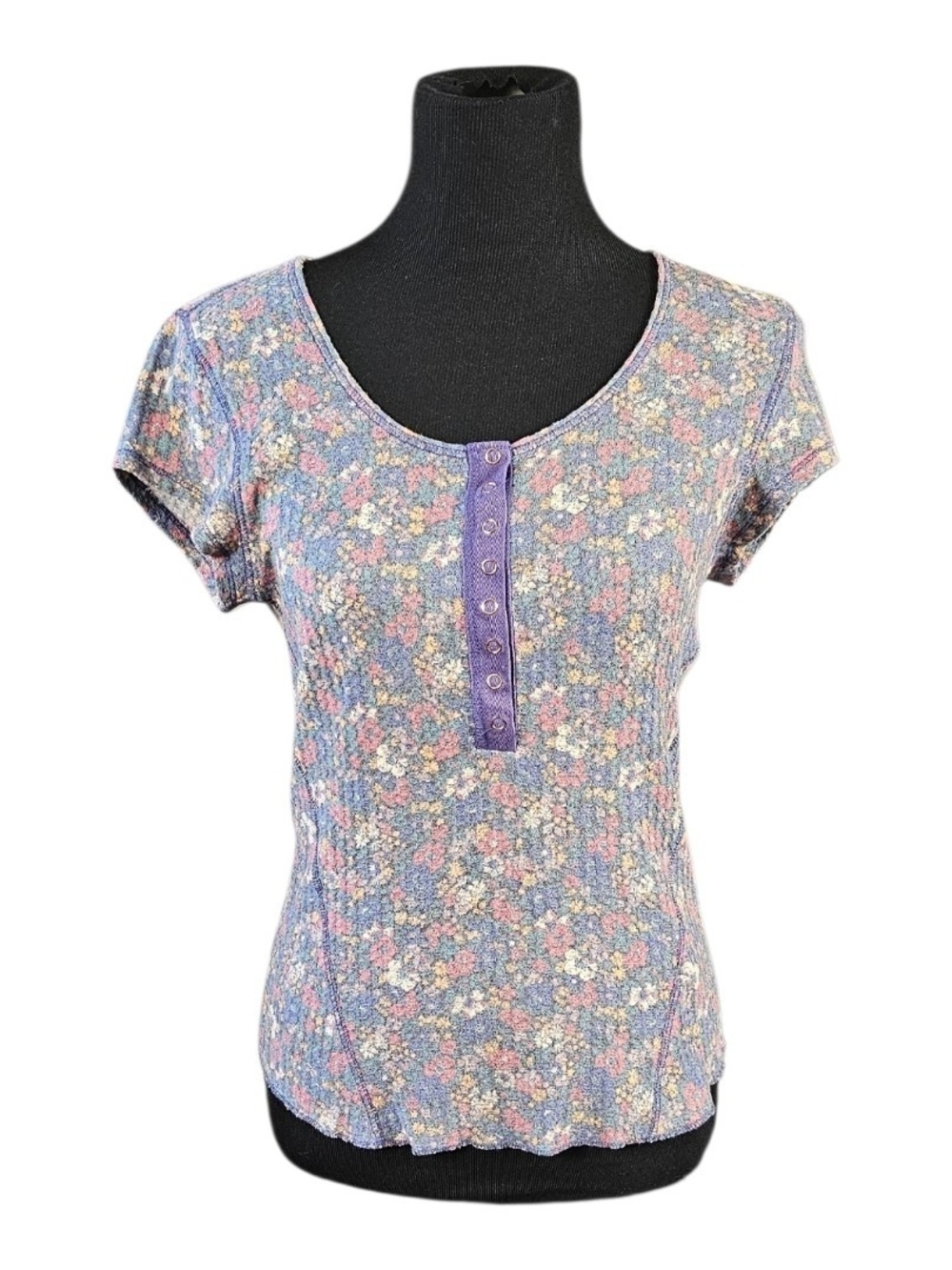 Natural Life Floral Waffle Knit Henley Top Medium Cottagecore Boho